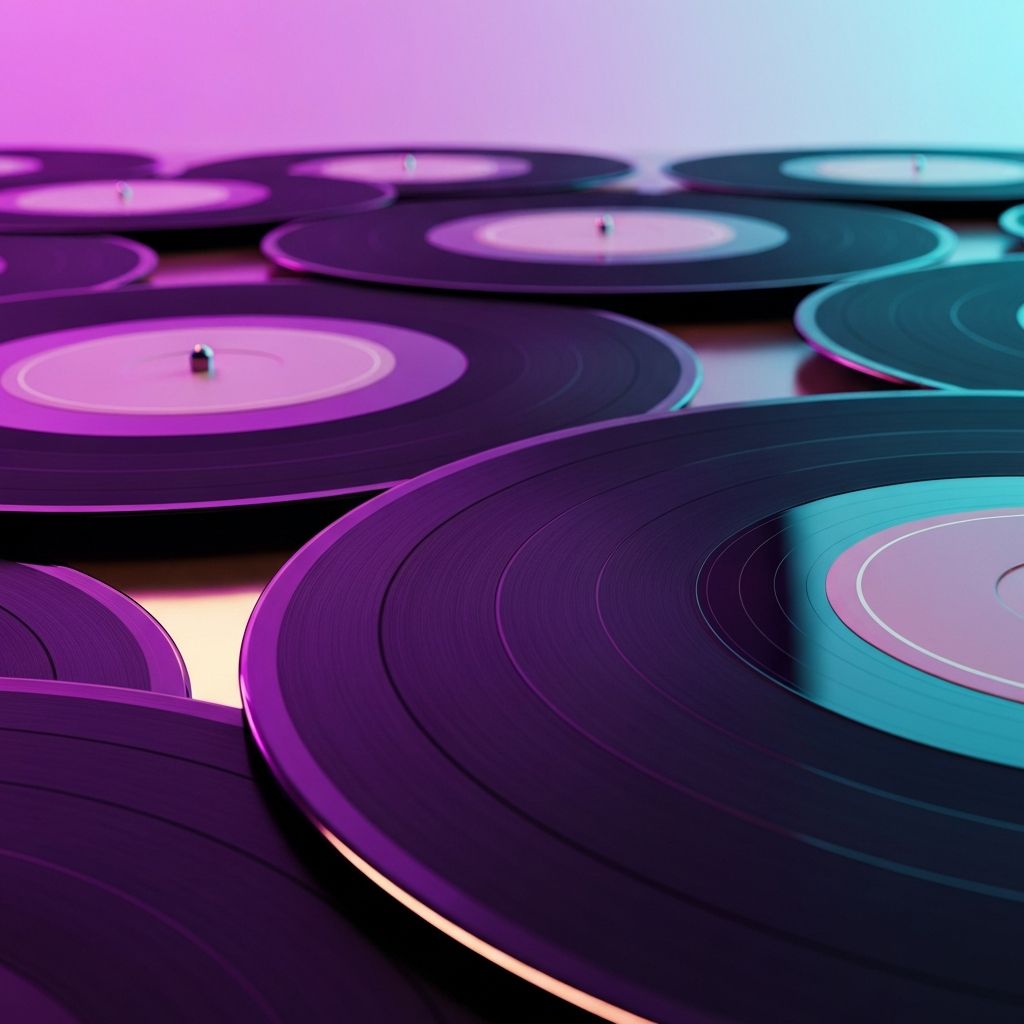 Kunstvolle Anordnung von Schallplatten mit moderner Beleuchtung