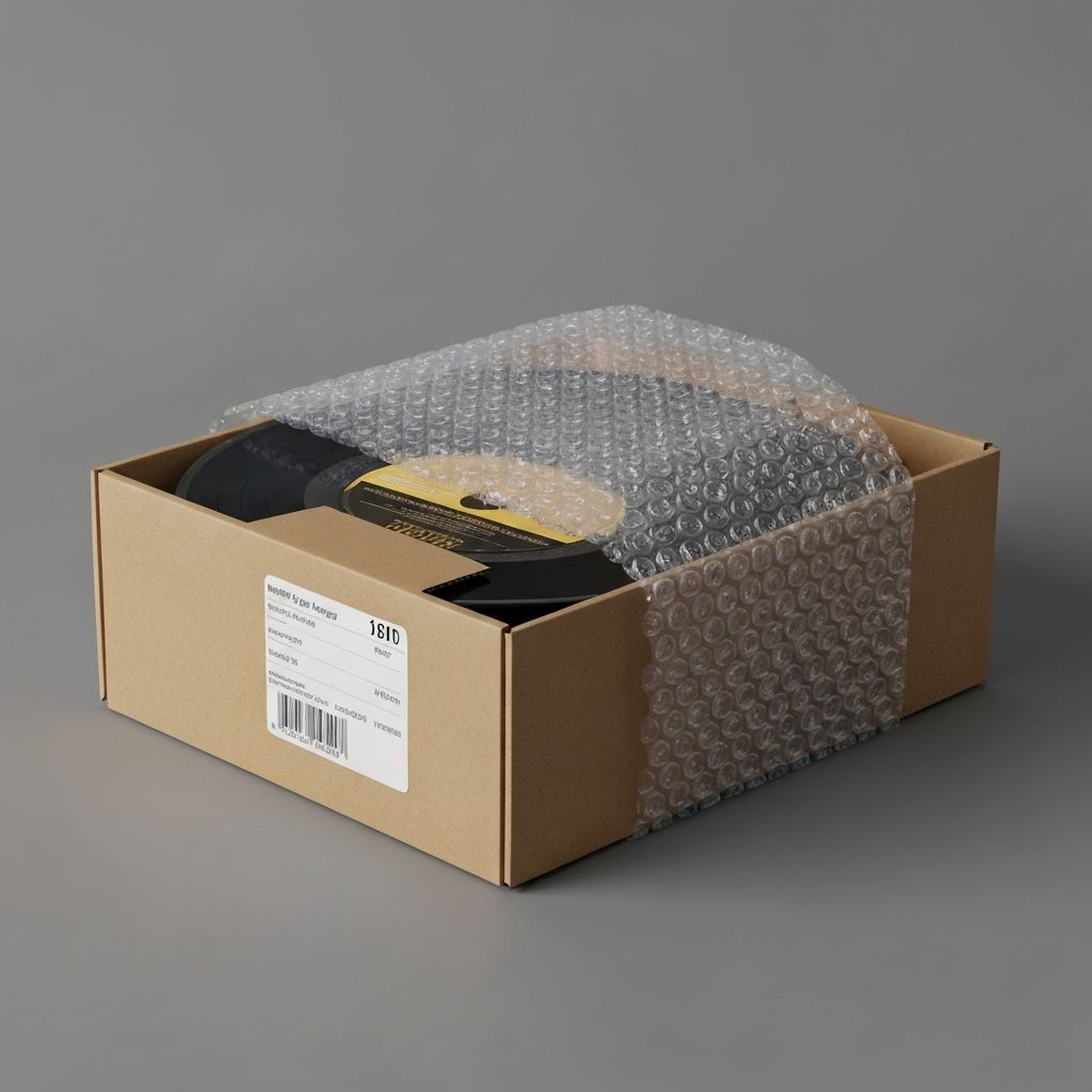 Schallplatte sorgfältig in Schutzbox mit Luftpolsterfolie für Versand verpackt