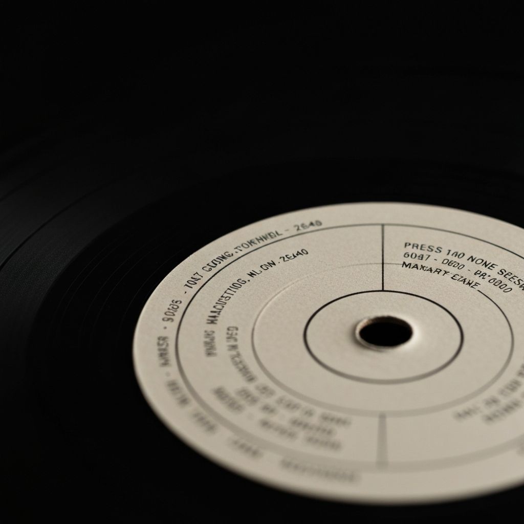 Nahaufnahme einer Schallplatten-Etikett mit Pressinformationen
