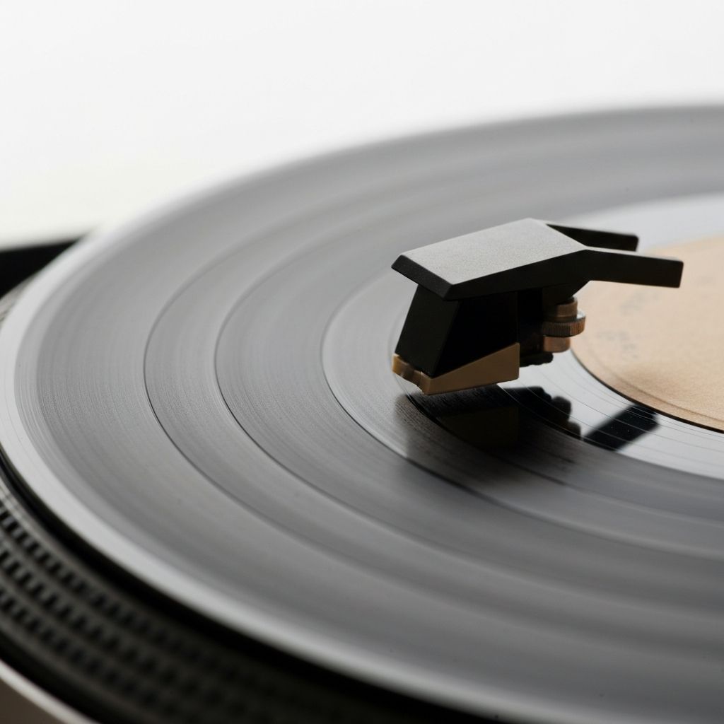Nahaufnahme einer Schallplatte mit sichtbaren Rillen und perfektem Glanz