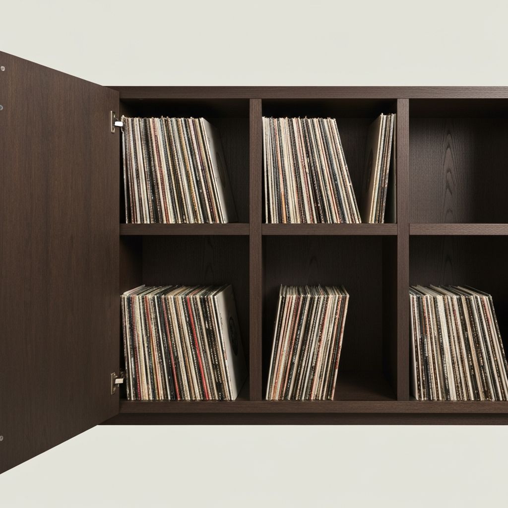 Schallplatten in vertikalem Lagerungsschrank, professionell organisiert