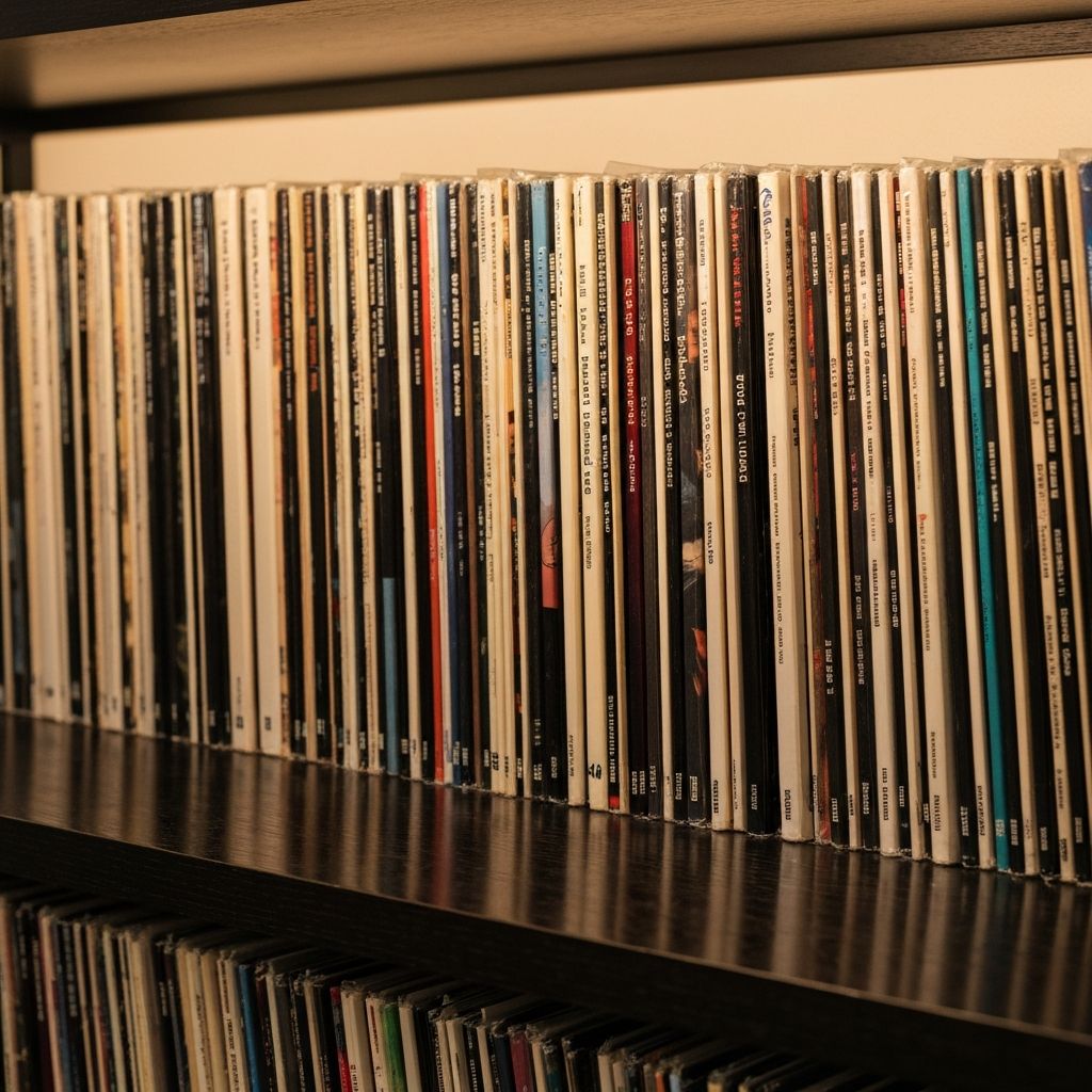 Sorgfältig arrangierte Schallplattensammlung auf dunklem Holzregal